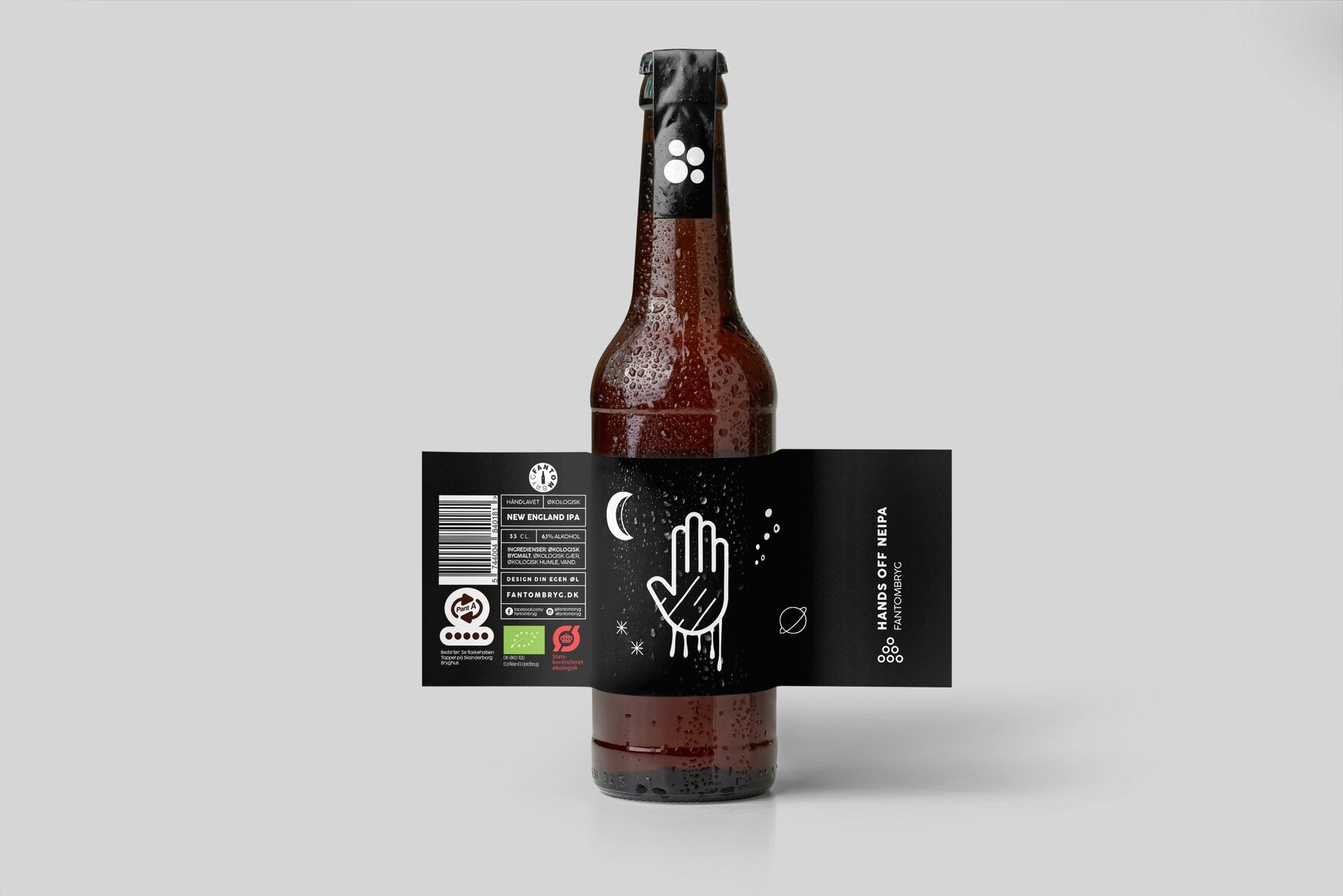 Fantombryg New England IPA med udfoldet etiket og produktinformation